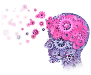 graphic of a brain made from pink cogs with the cogs leaving the brain as it is unlocked